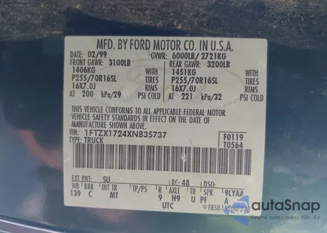 1999 Ford F-150 Work Series/Xl/Xlt from USA, damaged, VIN 1FTZX1724XNB35737